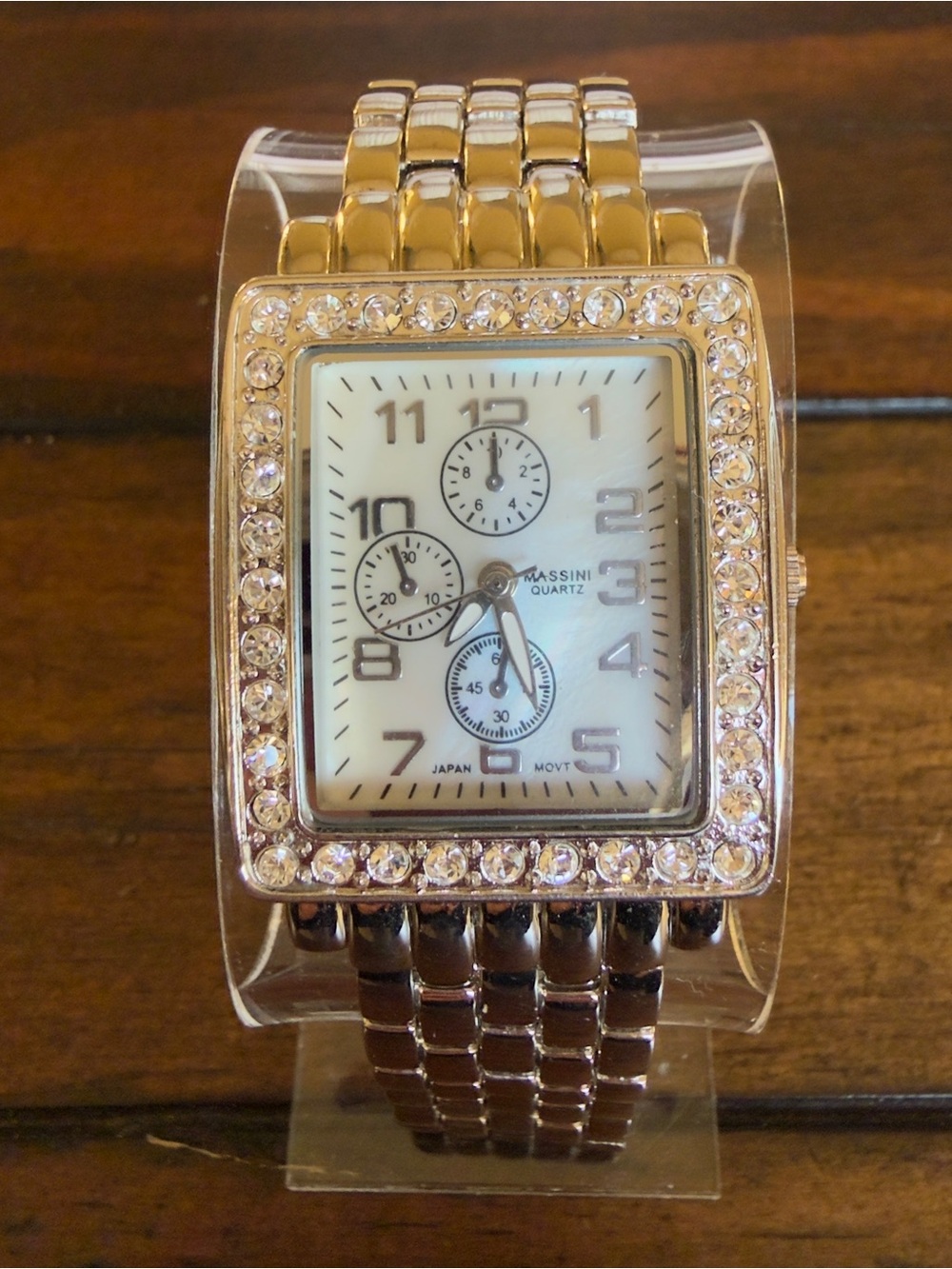 Massini Silver-Tone Crystal Bezel Rectangular Bracelet Watch